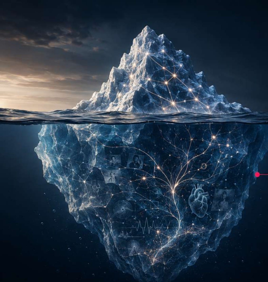 Iceberg com a maior parte submersa, iluminado por redes de luz