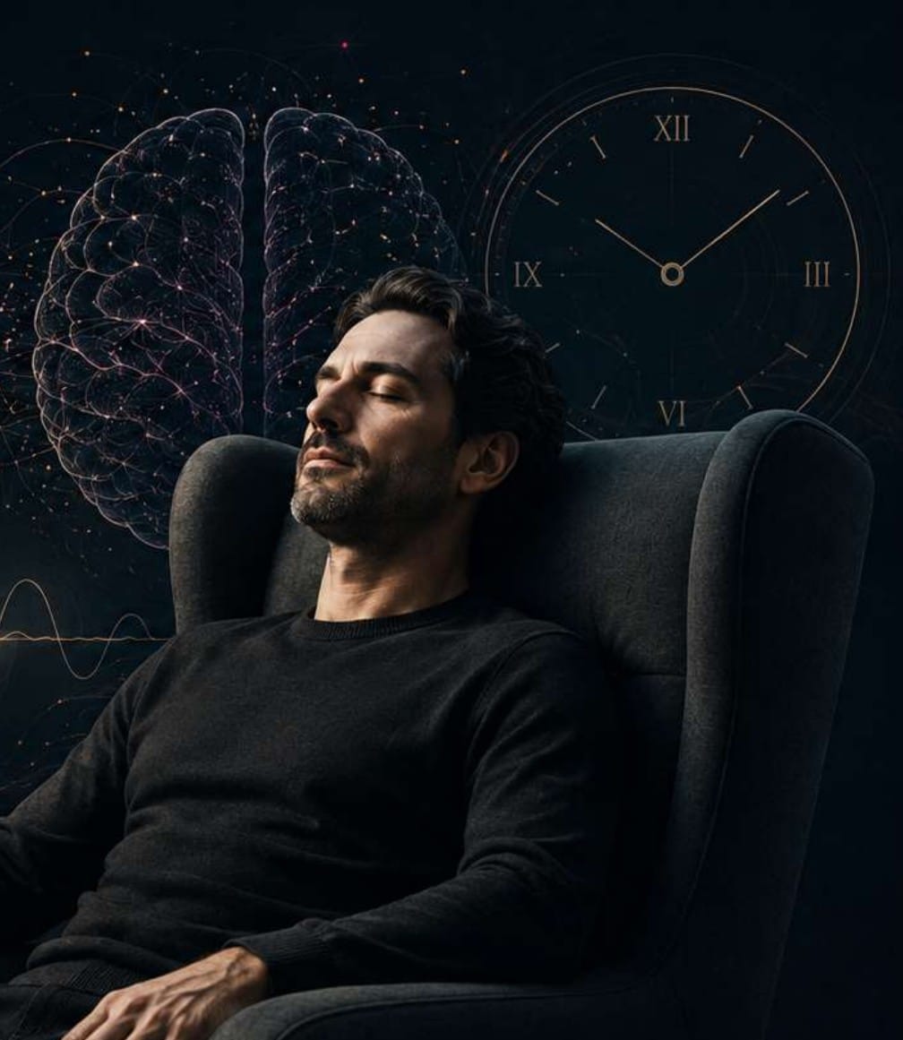 Homem relaxado numa poltrona, de olhos fechados