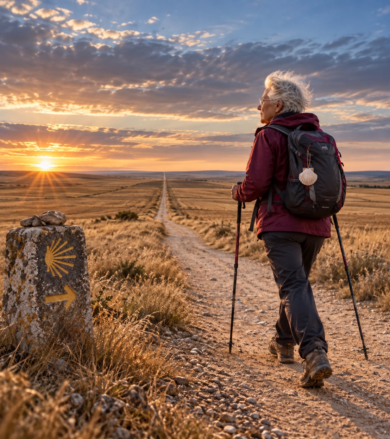 Peregrina caminha sozinha e serena por uma estrada dourada ao pôr do sol