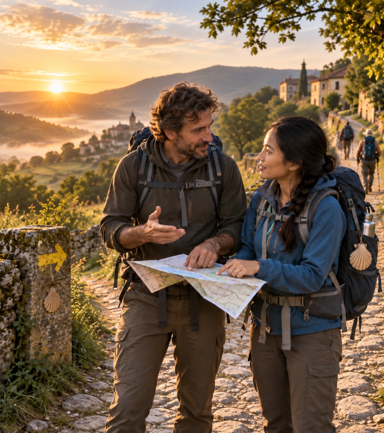 Dois peregrinos conversam e conferem o mapa juntos ao amanhecer