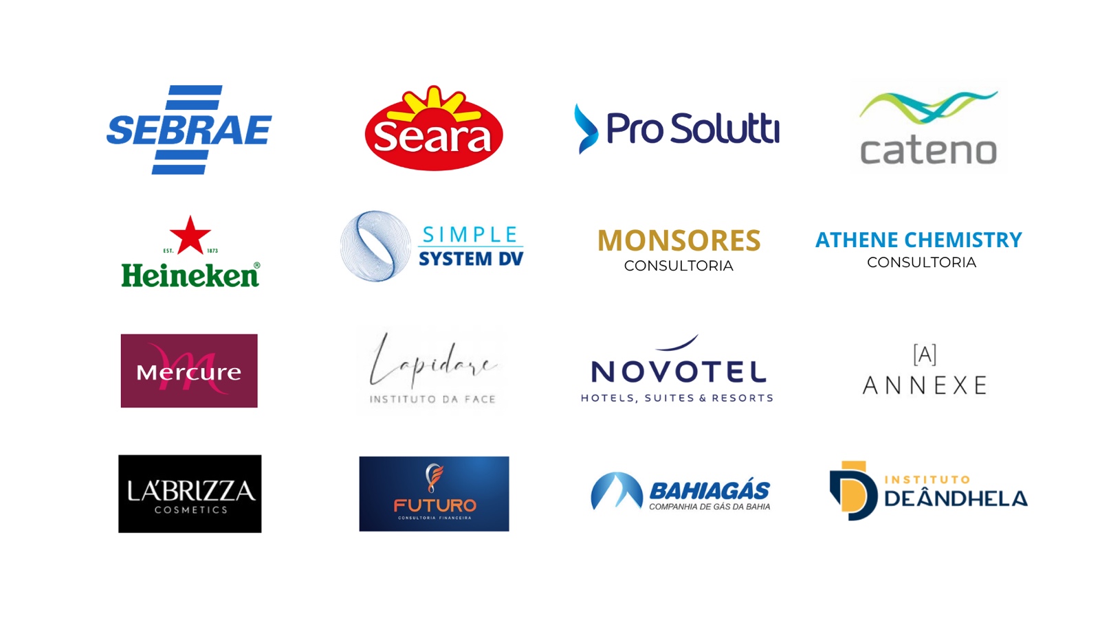 Logos de empresas atendidas: Sebrae, Seara, Pro Solutti, Cateno, Heineken, Simple System DV, Monsores Consultoria, Athene Chemistry, Mercure, Lapidare Instituto da Face, Novotel, Annexe, La'Brizza Cosmetics, Futuro Consultoria Financeira, Bahiagás e Instituto Deândhela
