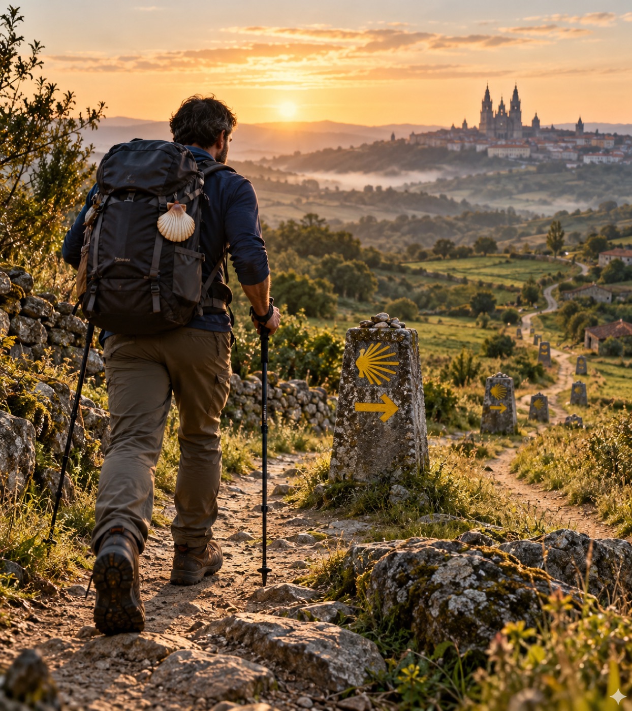 Peregrino caminha ao amanhecer com Santiago de Compostela no horizonte