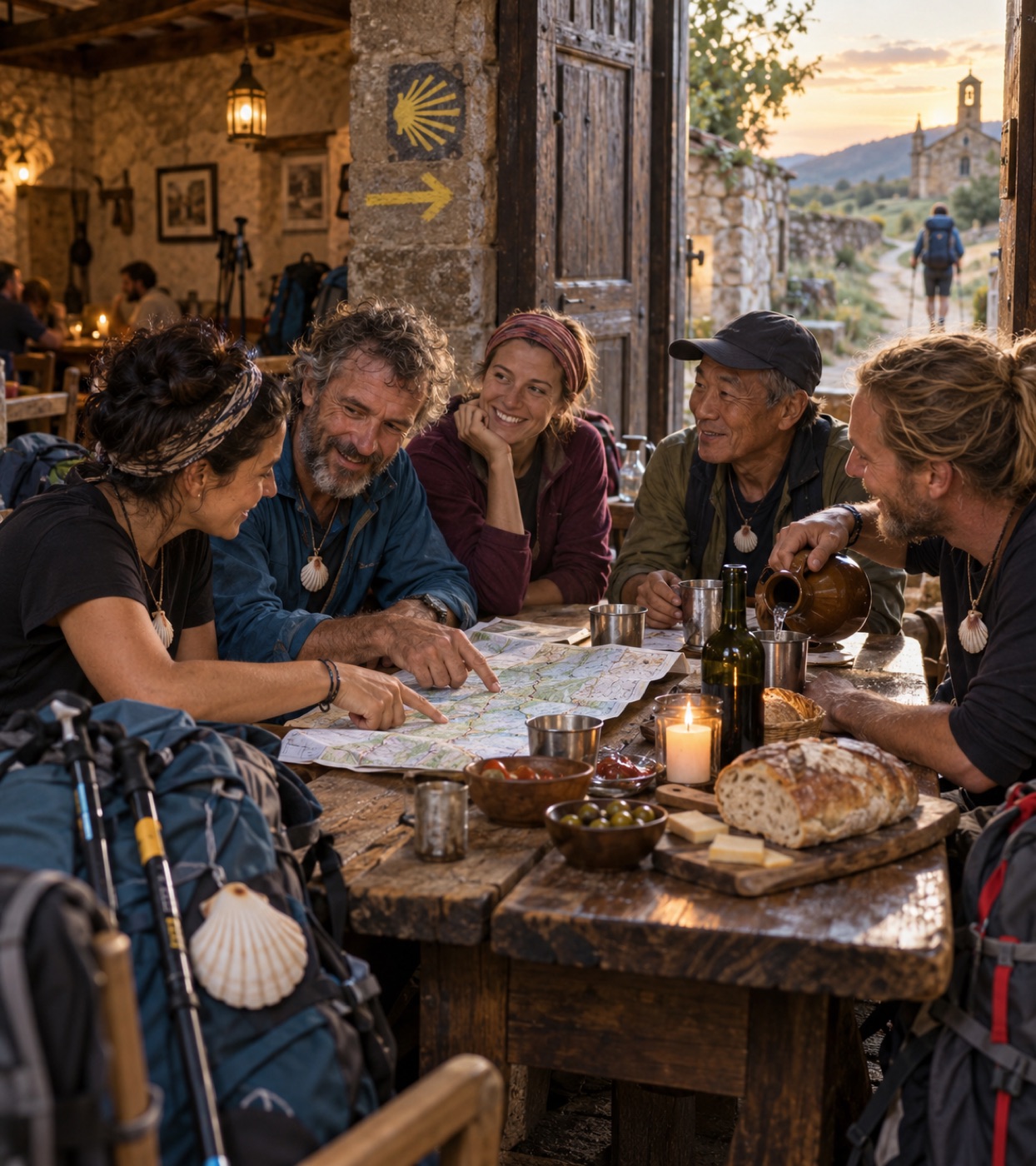 Grupo de peregrinos reunido à mesa, comendo e conversando ao entardecer