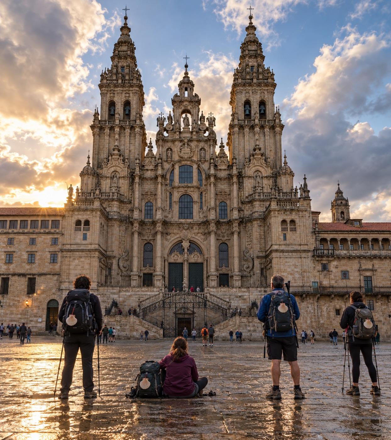 Peregrinos sentados diante da catedral de Santiago de Compostela, ao chegar